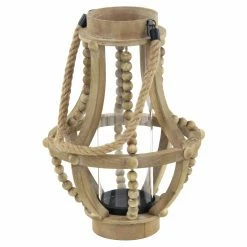 Hot Sale 🔔 DecMode Rustic Wood And Glass Faceted Votive Candle Lantern With A Rope Handle 😀 -Candle Holders Sales detail2UMA10825