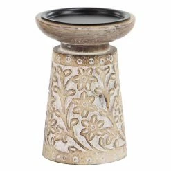 Outlet 👏 Pillar DecMode Carved Mango Wood And Iron Floral Candle Holders - Set Of 3 🔔 -Candle Holders Sales detail3UMA9678