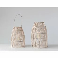 Cheap 😀 3R Studios Woven Bamboo Lantern With Glass Insert And Handle - Set Of 2 🌟 -Candle Holders Sales detail4CREC2315
