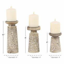 Outlet 👏 Pillar DecMode Carved Mango Wood And Iron Floral Candle Holders - Set Of 3 🔔 -Candle Holders Sales detail4UMA9678
