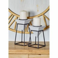 Hot Sale 😀 Pillar DecMode Gray Inverted Pyramid Wooden Candle Holders With Black Iron Stand - Set Of 2 🌟 -Candle Holders Sales detail5UMA9691