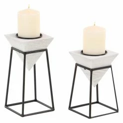 Hot Sale 😀 Pillar DecMode Gray Inverted Pyramid Wooden Candle Holders With Black Iron Stand - Set Of 2 🌟 -Candle Holders Sales detail6UMA9691