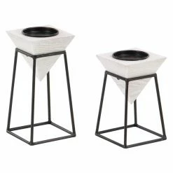 Hot Sale 😀 Pillar DecMode Gray Inverted Pyramid Wooden Candle Holders With Black Iron Stand - Set Of 2 🌟 -Candle Holders Sales detail7UMA9691