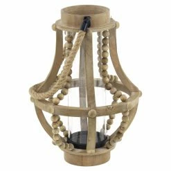 Hot Sale 🔔 DecMode Rustic Wood And Glass Faceted Votive Candle Lantern With A Rope Handle 😀 -Candle Holders Sales detailUMA10825