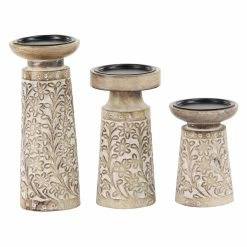 Outlet 👏 Pillar DecMode Carved Mango Wood And Iron Floral Candle Holders - Set Of 3 🔔 -Candle Holders Sales detailUMA9678