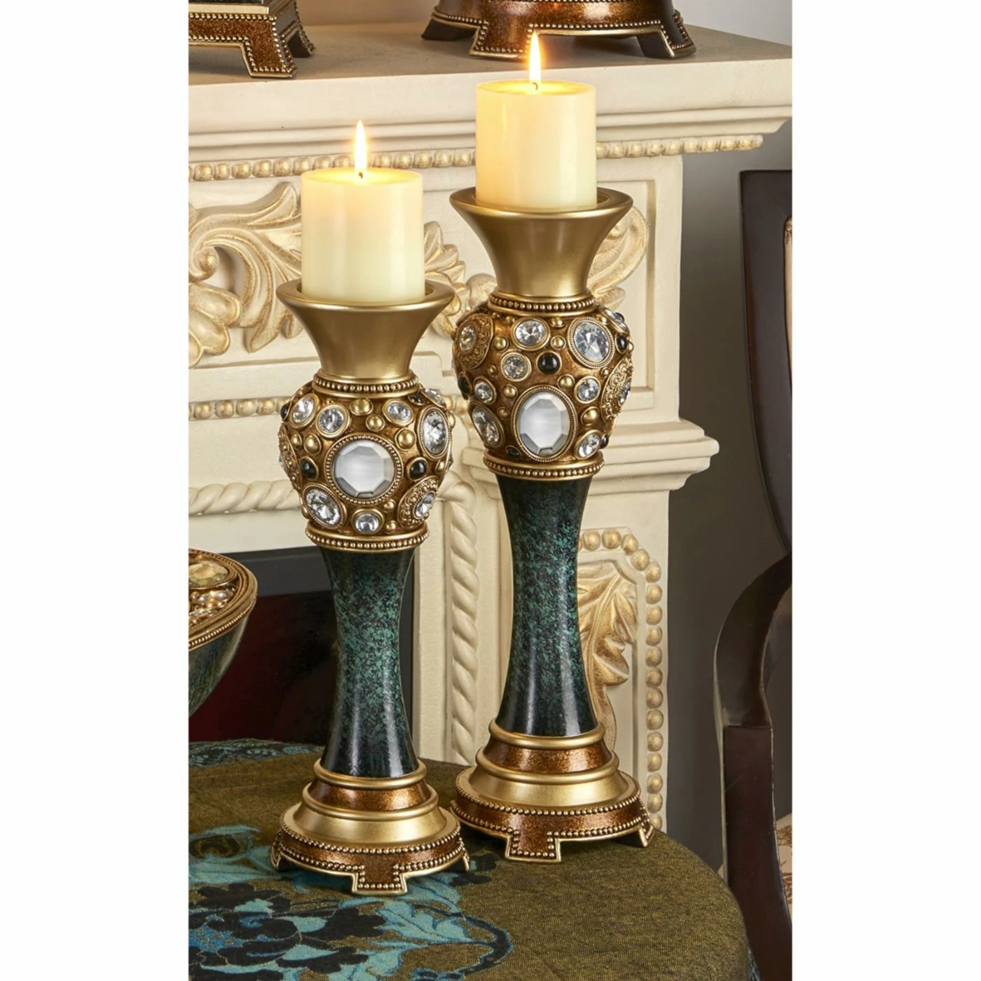 Wholesale 🥰 Pillar ORE International 16 In. Sedona Marbelized Green Gold Footed Candleholder Set Of 2 ✔️ 2 Wholesale 🥰 Pillar ORE International 16 In. Sedona Marbelized Green Gold Footed Candleholder Set Of 2 ✔️ - Image 2