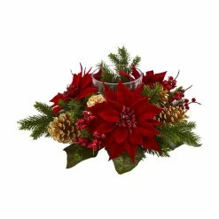 Cheapest 🛒 Centerpieces Nearly Natural Poinsettia Berry And Golden Pine Cone Artificial Arrangement Candelabrum 🧨