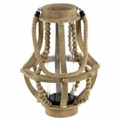 Hot Sale 🔔 DecMode Rustic Wood And Glass Faceted Votive Candle Lantern With A Rope Handle 😀