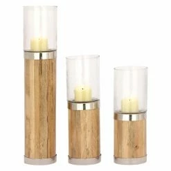 Outlet 🔥 Pillar DecMode 25-in. Wood And Glass Candle Holder - Set Of 3 🔔