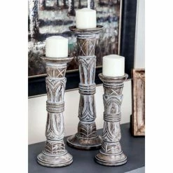 Best Sale 🥰 Pillar DecMode Worn Brown Wood Candle Holder - Set Of 3 🎉