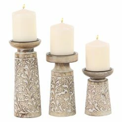 Outlet 👏 Pillar DecMode Carved Mango Wood And Iron Floral Candle Holders - Set Of 3 🔔