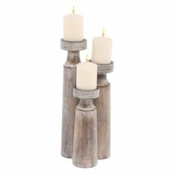 Top 10 ๐ฅ Pillar DecMode Rustic Mango Wood Cylindrical Whitewashed Candle Holders - Set Of 3 ๐