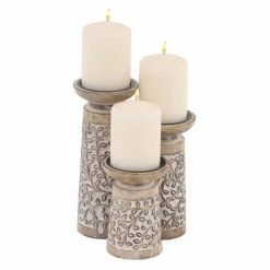 Brand new 😉 Pillar DecMode Rustic Mango Wood Flourish-Patterned Candle Holders - Set Of 3 🤩