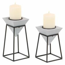 Hot Sale 😀 Pillar DecMode Gray Inverted Pyramid Wooden Candle Holders With Black Iron Stand - Set Of 2 🌟