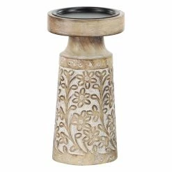 Outlet 👏 Pillar DecMode Carved Mango Wood And Iron Floral Candle Holders - Set Of 3 🔔 -Candle Holders Sales scaleUMA9678