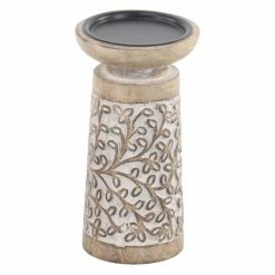 Brand new 😉 Pillar DecMode Rustic Mango Wood Flourish-Patterned Candle Holders - Set Of 3 🤩 -Candle Holders Sales scaleUMA9690