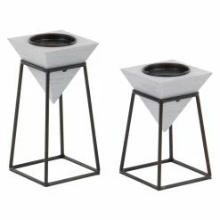 Hot Sale 😀 Pillar DecMode Gray Inverted Pyramid Wooden Candle Holders With Black Iron Stand - Set Of 2 🌟 -Candle Holders Sales scaleUMA9691